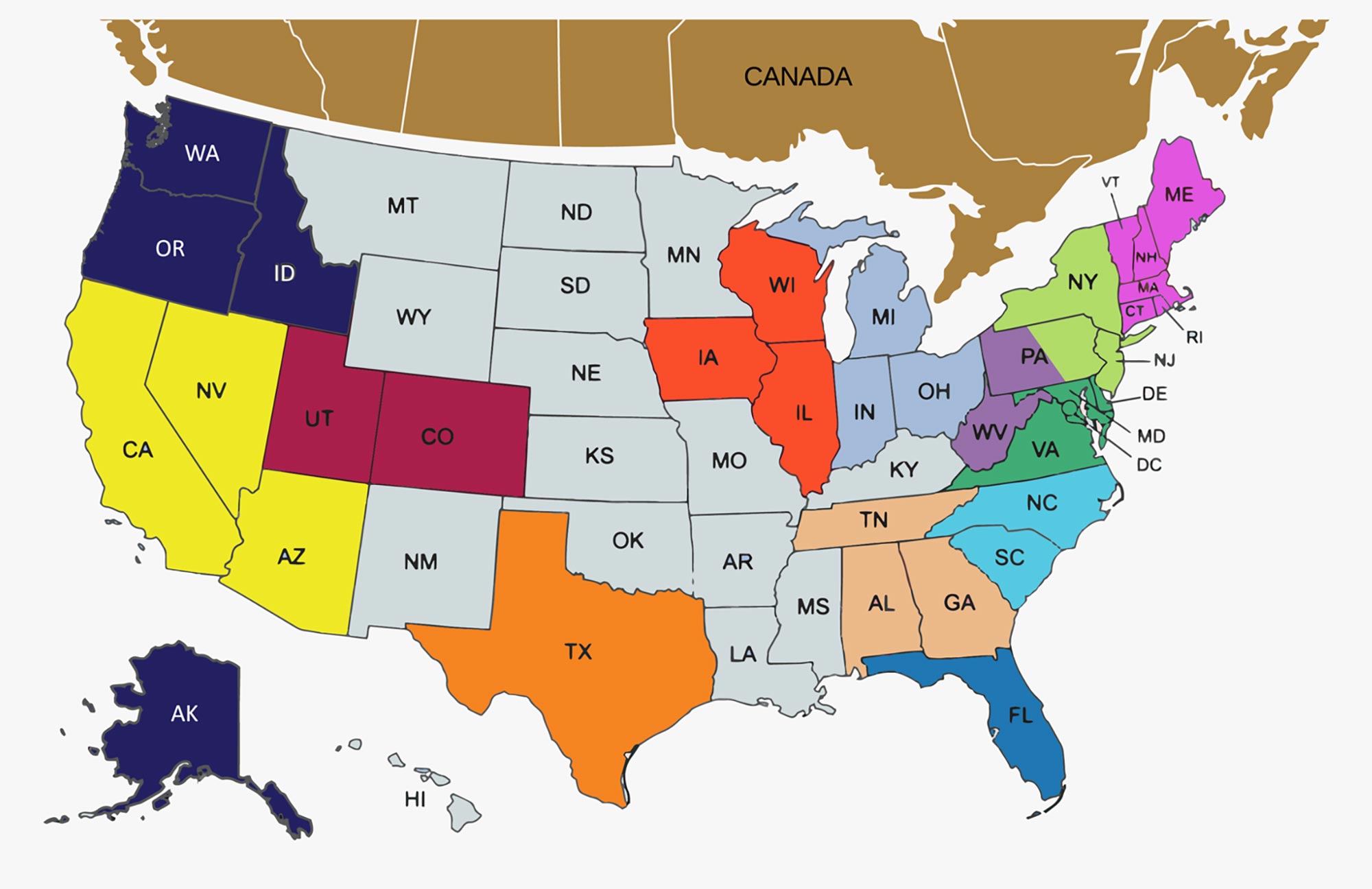 Map of the united states and canada showing different colored territories associated with specific sales reps.