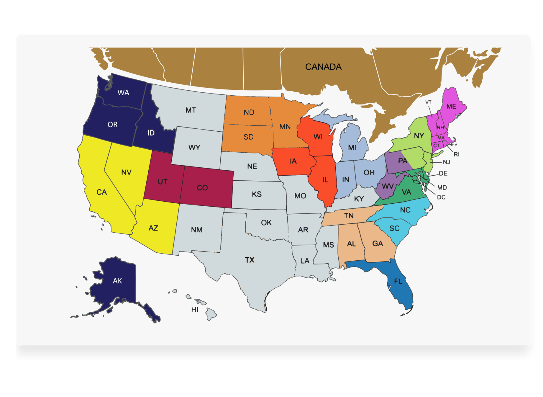 Map of the united states and canada showing different colored territories associated with specific sales reps.