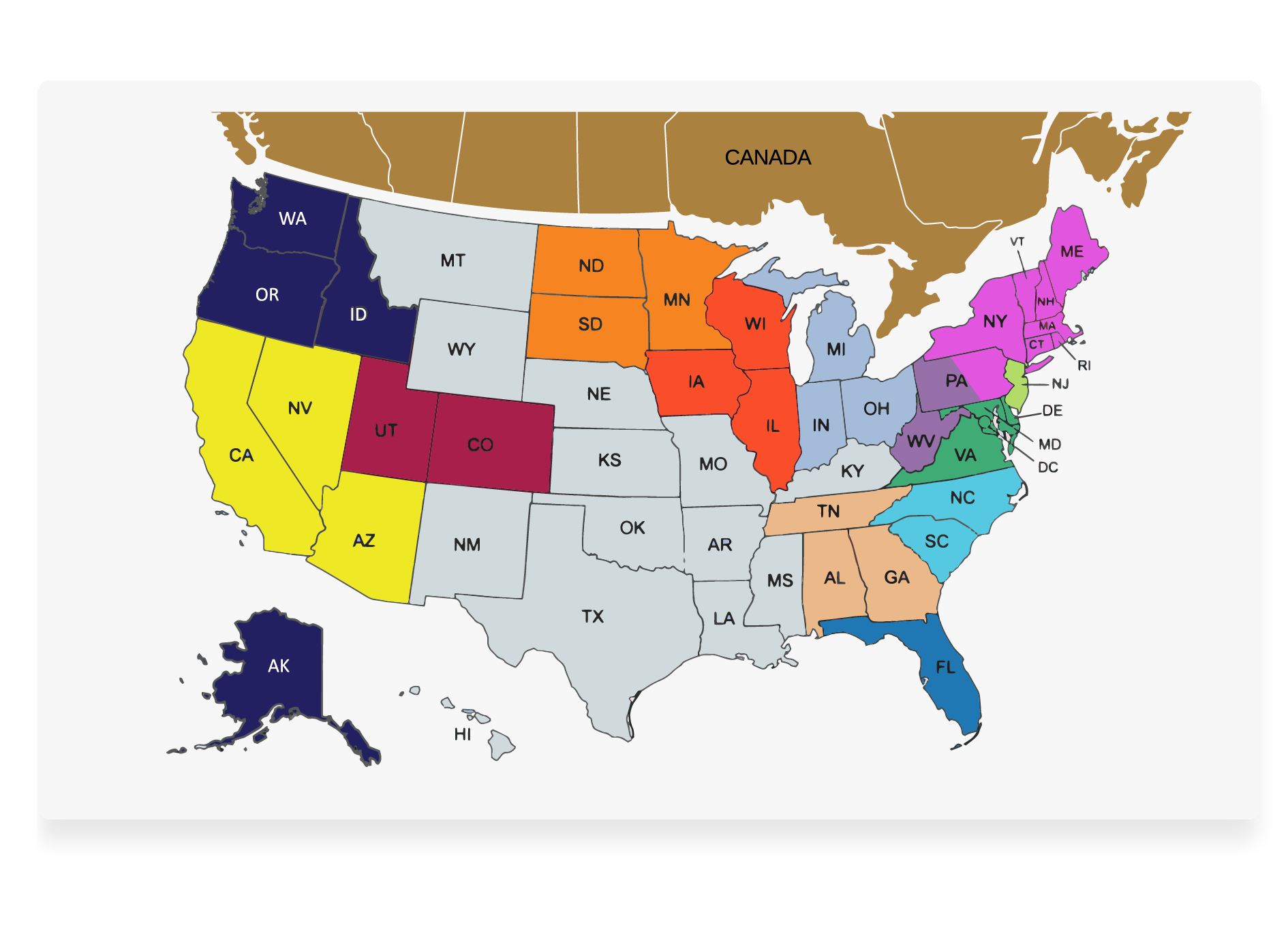 Map of the united states and canada showing different colored territories associated with specific sales reps.