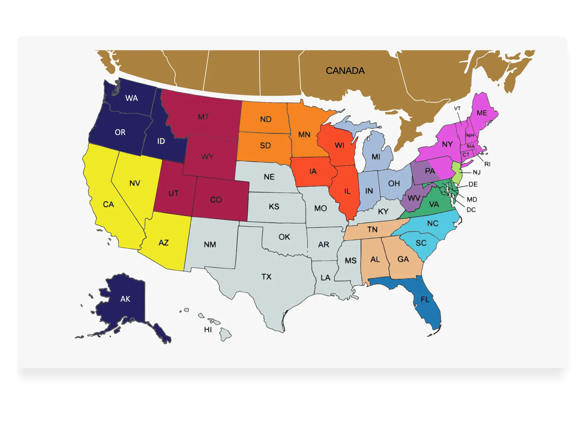 SY24063_Qualideck-Coverage_Map_v6 Map of the united states and canada showing different colored territories associated with specific sales reps.